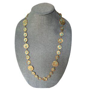 Vintage Designer Pauline Rader Gold Tone Turquoise Bead Greek Roman Coin Necklac